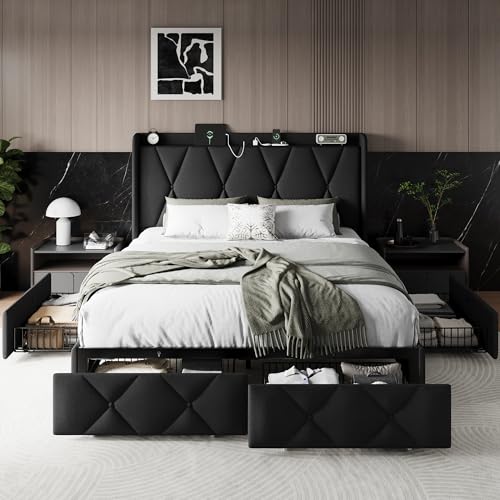 Einhomn Full Size Bed Frame with 4 Storage Drawers and Charging Station, Upholstered Platform Bed Frame with Storage Headboard, No Box Spring Needed, Easy Assembly, Black Einhomn
