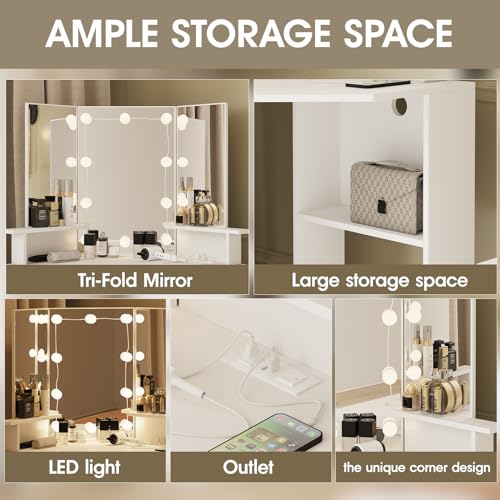 Fameill Corner Vanity Desk with Mirror and Lights, Makeup Vanity Table with Charging Station, Corner Vanity with 4 Drawers and Shelves, 3 Lighting Modes, Brightness Adjustable, for Women Girls Fameill