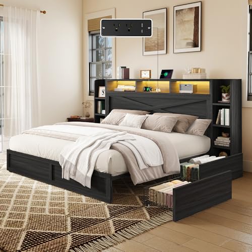 AMERLIFE 45'' Farmhouse King Bed Frame with 4 Drawers, LED Bed Frame with Bookcase Headboard & Side Shelves, Wood Platform Bed with Charging Station, Black AMERLIFE