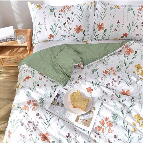 Floral Duvet Cover King Size - White Yellow Flowers and Green Leaf Spring Botanical Printed Microfiber Comforter Cover Set - 3PC 104X90 Soft and Lightweight Quilt Cover, Farmhouse Style for Women Men Faincy