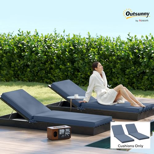 Outsunny Chaise Lounge Cushions Outdoor Set of 2, Fade Resistant, 72 x 21 x 3 in Sun Lounger Replacement Cushions, Patio Lounge Chair Pads with Removable Cover for Pool, Beach, Deck, Lawn, Blue