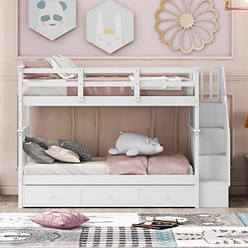 Harper & Bright Designs Twin Over Twin Bunk Bed with Stairs and Guard Rail, Twin Size Bunk Beds with Storage Drawers,Wooden Bunk Bed Frame for Bedroom, Dorm, Kids, Teens, Adults,White Harper & Bright Designs