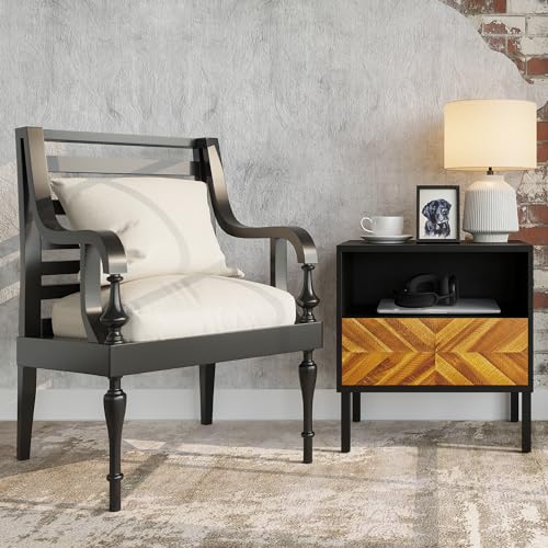 Bme Vivian Solid Wood Nightstand, End Table, Bedside Table with Herringbone Pattern for Rustic Bedroom, Easy Assembly, Rustic Golden Brown and Black Bme