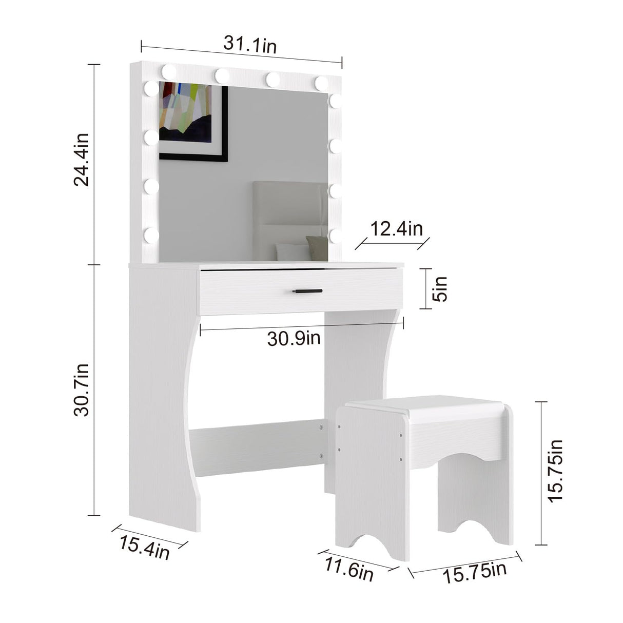 Vanity Desk with Mirror and Adjustable Lights, One Drawer Storage Makeup Table with Stool - Vanity Set for Bedroom (White) Panana