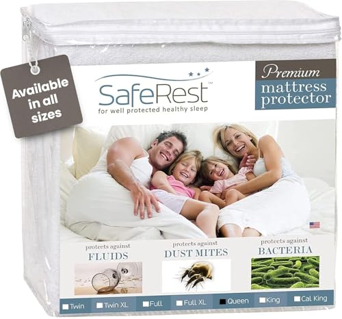 SafeRest Waterproof Queen Size Mattress Protector - Fitted with Stretchable Pockets - Machine Washable Cotton Blend Mattress Cover for Bed SafeRest