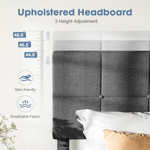 DUMOS Twin Bed Frames with Headboard, Wooden Twin Platform Bed No Box Spring Needed, Fabric Upholstered Bed Frame with Adjustable Headboard, 800LBS Support,Noise Free, Dark Grey DUMOS