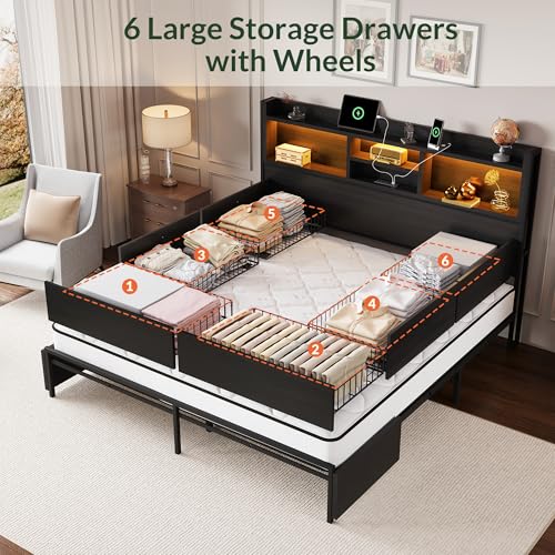 LARMACE King Size Bed Frame with 6 Storage Drawers and Headboard Wooden Platform Bed Frame with LED Lights and Charging Station Easy Assembly/No Box Spring Needed/Black LARMACE