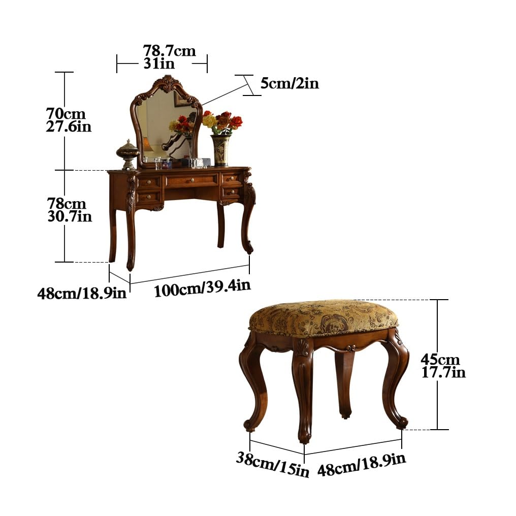 HEBEHO Mid Century Antique Makeup Vanity 39in, European Vintage Brown Makeup Table with 5 Drawers and Mirror, Fabric Upholstered Stool, Bedroom Dressing Table for Women Girls, 100x48x78cm HEBEHO