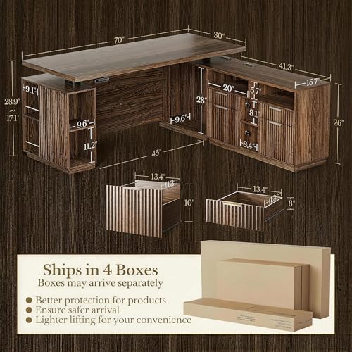 Perledesign 70 Inches L Shaped Executive Standing Desk, Electric Height Adjustable Desk with File Cabinet, Computer Corner Table with AC/USB and Privacy Panel for Home and Office, Black Walnut Perledesign