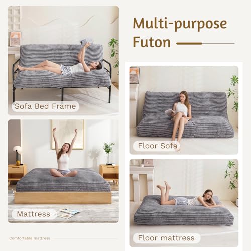 YOSHOOT 6 Inches Futon Mattress Full Size, Thick Futons Sofa Bed Couch, Floor Mattress for Adults, Shredded Foam Filling(Frame Not Included), Medium Firm, Grey YOSHOOT