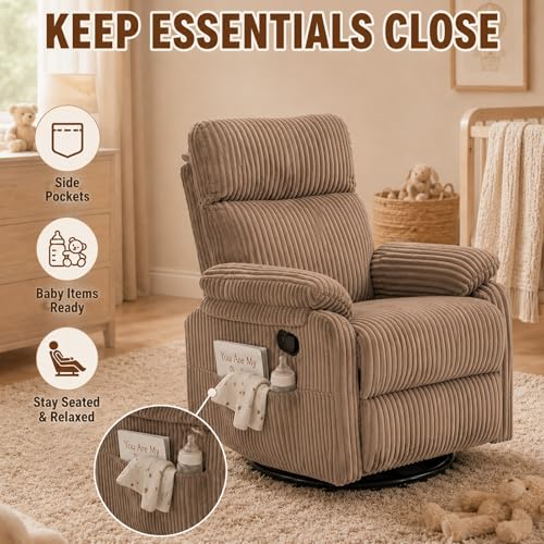 Super Soft Brown Rocking Chair Nursery Recliners, Small Recliner Rocking Chair for Small Spaces, Manual Swivel Glider Recliner for Living Room Bedroom Office, Corduroy, Adjustable Backrest (Brown)