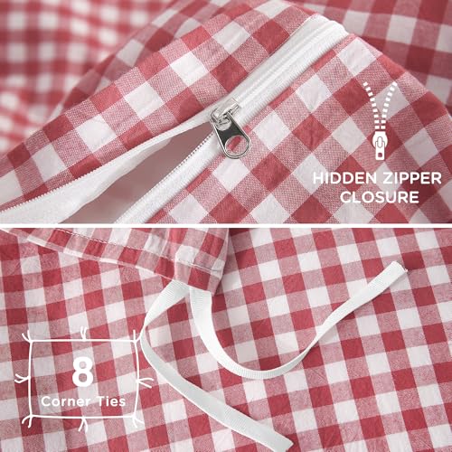 TOCOMOA Red Gingham Duvet Cover Bedding Set 100% Washed Cotton Like Linen Feel Super Soft Comfortable 3 Piece Cute Plaid Checkered Comforter Cover Set (Queen 90"x90", Comforter Not Included) TOCOMOA