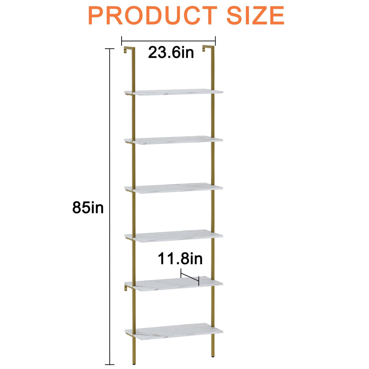 Wolawu Ladder Shelf 6 Tiers Marble White Modern Bookshelf Open Tall Wall Mount Bookcase Standing Leaning Wall Shelves Industrial Decorative Living Room Bed Room Wolawu