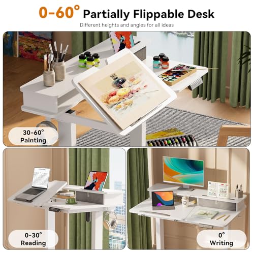 White Standing Desk,60° Tiltable Height Adjustable Electric Rising Desk,40Inch Foldable Mobile Laptop Table with Shelf,Monitor Stand, Drawer ,Flippable Drafting Workstation on Wheels for Kids’ Drawing Gibbon Mounts