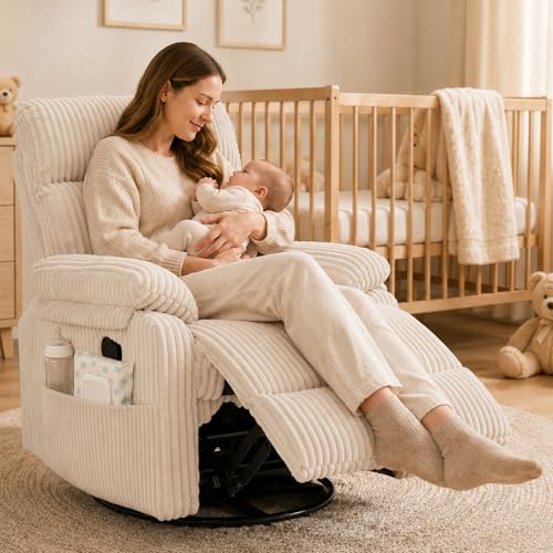 Beige Rocking Chair Nursery Recliners, Small Recliner Rocking Chair for Small Spaces, Manual Swivel Glider Recliner for Living Room Bedroom Office, Corduroy,Adjustable Backrest & Footrest (Beige)