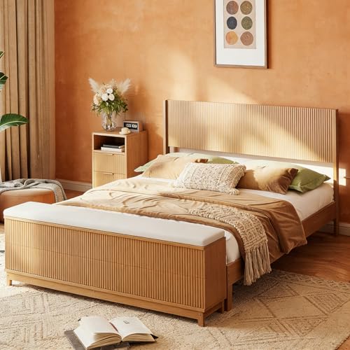 VINGLI Fluted Queen Bed Frame with Wingback Headboard and Footboard Storage Bench, Boho Wooden Single Platform Panel Bed with 4 Drawers,Mid-Century Modern Sleign Bed,Oak VINGLI