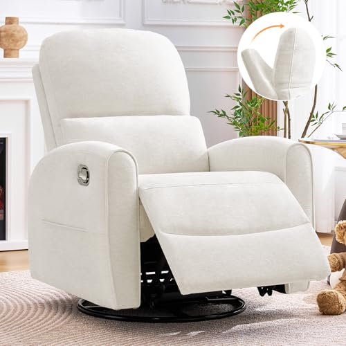 AEMEIOS Swivel Rocker Recliner, Manual Swivel Glider Nursery Recliner Chair with Adjustable Headrest and Lumbar Support, Rocking Recling Chairs for Small Space, Living Room, Bedroom, White
