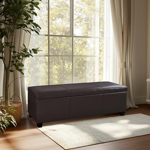 BELLEZE 47 Inch Storage Ottoman, Faux Leather Storage Bench Bedroom Bench with Safety Close Hinge, Ottoman with Storage for Living Room, Entryway, Hallway, Foot Rest, Support 300lbs - Brown BELLEZE
