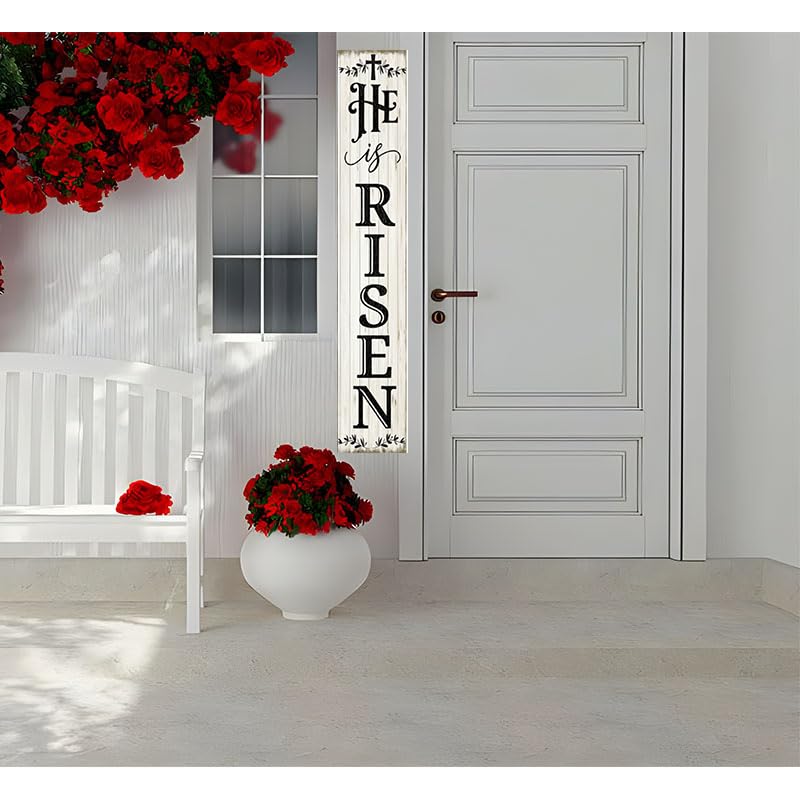 Houseuse He Is Risen Porch Sign 8x48" Easter Decorations Religious Easter Cross Decor Hanging Farmhouse Wooden Jesus Spring Vertical Wooden Sign Home Front Door Wall Spring Decor, CTXS2312230X06Q Houseuse