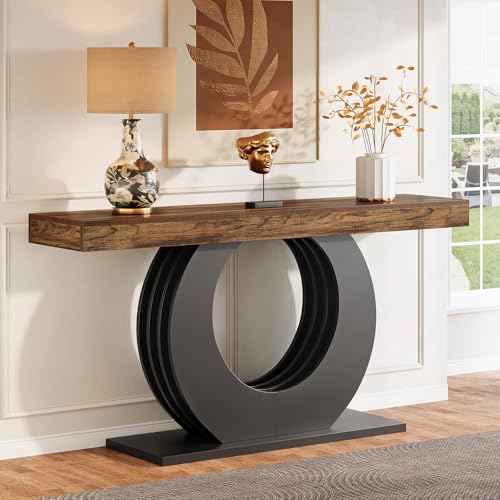 Tribesigns 63-Inch Console Sofa Table, Rustic Industrial Farmhouse Entryway Table, Narrow Long Couch Console Behind Sofa with Black Circle Base for Living Room Hallway, Rustic Brown Tribesigns