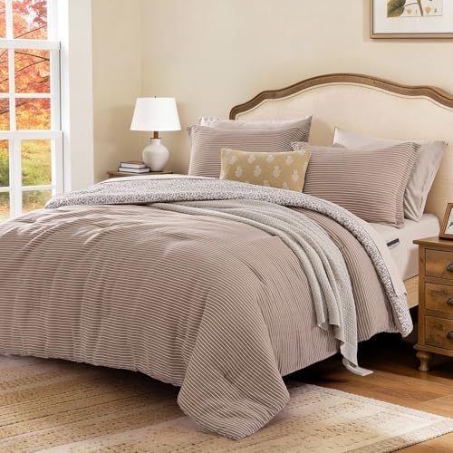 Queen Comforter Set - 7 Pieces Dark Brown Gauze Muslin Bedding Sets for All Seasons, Lightweight Breathable Bed in a Bag Queen with Revesible Farmhouse Comforter, Sheets, Pillowcases & Shams BLOOMHAVEN