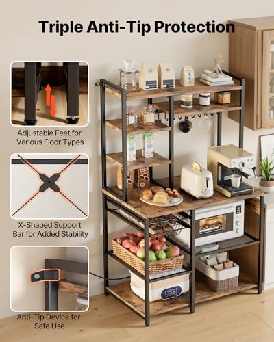 VEVOR Kitchen Bakers Rack with Power Outlets, 35.4x15.7x70.9 Inch Microwave Stand with Built-in Power Strip & 5 Ft Cord, 10 S-Shaped Hooks, for Dish Storage, Spice Jars, Coffee Bar Organization