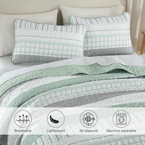 DJY Striped Quilt Set King Size, Sage Green Boho Bedspread Set 3 Pieces Patchwork Coverlet Bedding Set Lightweight Soft Microfiber for All Season (104"x90") DJY