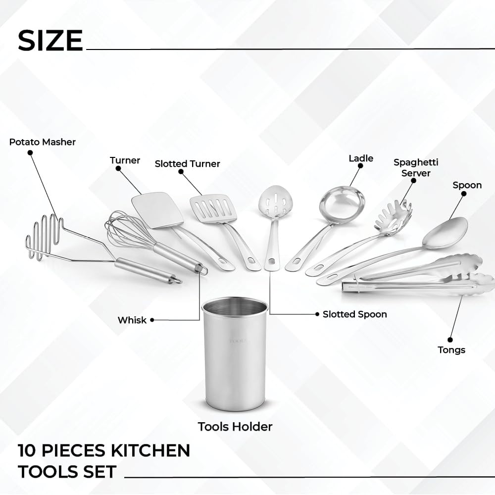 Avador® Premium Set of 10 Stainless Steel Kitchen Tool Set with Holder Easy To Clean, Space Saving, Great for Cooking, Baking, Prepping Avador