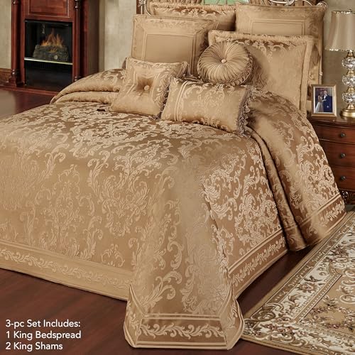 Monaco Classic Luxury Bedding | Royal Monochromatic Metallic Gold Hues | Puff Jacquard-Woven Acanthus Leaf Damask and Scrollwork | 3 Piece Bed Set Includes Oversized King Bedspread and 2 King Shams J. Queen New York