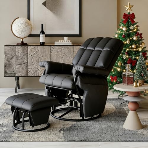AODAILIHB 360° Swivel Glider Recliner with Ottoman, Nursing Glider Rocking Chair with Foot Rest & 2 Side Pockets for Nursery, Living Room, Bedroom, Office, Black
