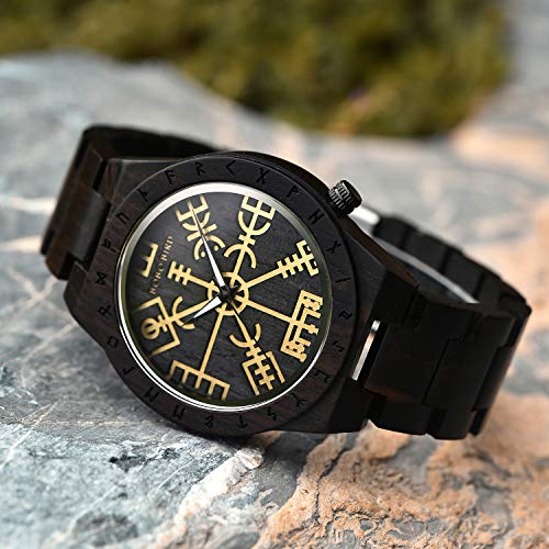 BOBO BIRD Handmade Wooden Mens Watch Unique Runic Circle Watches Golden Symbol of Vegvisir Watches Lightweight Fashion Quartz Wristwatch (Brown Black) BOBO BIRD