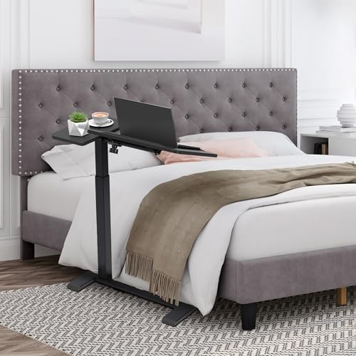 yaaqoo Adjustable Overbed Bedside Table with Hidden Wheels, Pneumatic Tilt Board Rolling Laptop Standing Desk Cart, Mobile Over Bed Sofa Chair Side End Tables, Walnut (Black) yaaqoo