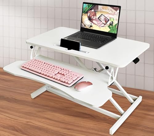 Xinmviec 32" Standing Desk Converter, Height Adjustable Sit to Stand Riser with Gas Spring Lift, Dual Monitor and Laptop Workstation with Wide Keyboard Tray for Home & Office (White) Xinmviec