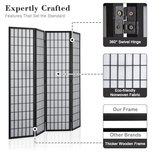 WelFurGeer 4 Panel Shoji Screen Room Divider, Folding Privacy Screens, Room Partitions and Dividers, Decorative Room Dividers, Wall Dividers for Room Separation, Japanese Room Divider for Home (Black) WelFurGeer