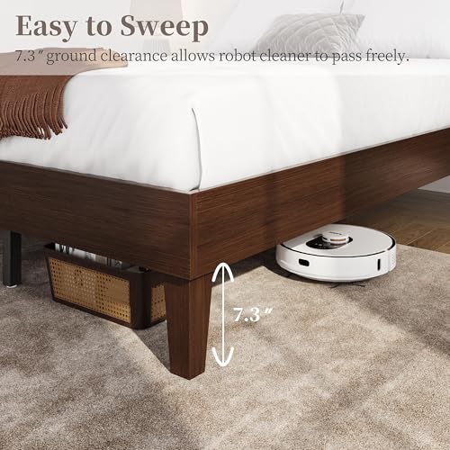 Yaheetech Queen Bed Frame Natural Solid Wood Platform Bed with Wooden Slats Support, 7.3-inch Underbed Space for Storage, Noise-Free Design, Easy Assembly, Dark Walnut Finish Yaheetech