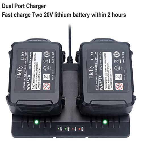 Elefly 20V Dual Port WA3875 Charger Compatible with Worx 18V/20V Lithium Battery WA3578 WA3525 WA3520 WA3575 WA3512 WA3770 WA3881 WA3742 ELEFLY