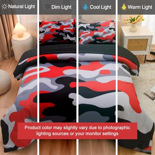 Holawakaka Full Size Camo Bedding Comforter Set with Sheets,Boys Girls Men Camouflage Bed in A Bag 5 Pieces,Kids Teens Dorm Bed Sets Neutral Farmhouse Lodge Cabin Army Bedspread (Red, Full) Holawakaka