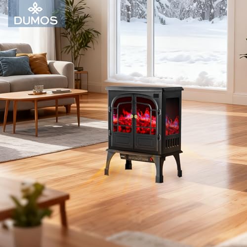 DUMOS Freestanding Electric Fireplace Heater, 26" Two Door Electric Fireplace Stove with 3D Flame Effect & Remote Control, Modern Stove for Home with Safety Features, Adjustable Heat & Timer, Inky DUMOS
