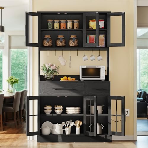 DWVO Kitchen Pantry Storage Cabinet with Microwave Stand, 71'' Tall Kitchen Hutch Cabinets with Power Outlet, Modern Food Pantry Hutch with Drawers & Shelves for Home, Pack of 1, Black DWVO