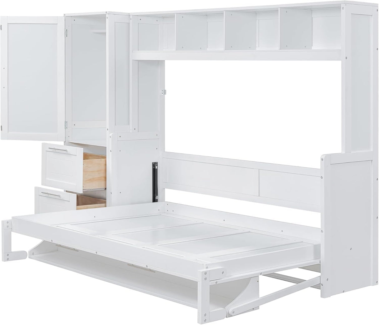 MERITLINE Queen Murphy Bed with Wardrobe Closet,2 Drawer,4 Storage Open Shelves,Wood Folding Murphy Wall Bed Cabinet (White) MERITLINE