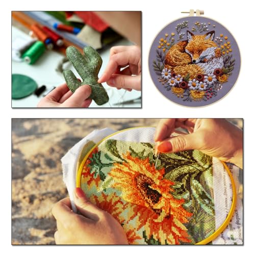 Needlework Embroidery Kit for Beginners,Cute Fox Pattern Handmade Cross Stitch Sewing Art Craft Kit with Stamped Design Cotton Threads Needles Hoop for Home Decor