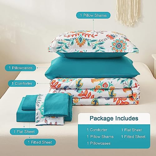 DHSFKBE Boho Comforter Set Twin - 5 Pieces Bed in a Bag Floral Medallions Design, Bohemian Comforter Set with Sheets, Soft Microfiber Complete Bedding Sets All Season (Teal Blue, Twin) DHSFKBE