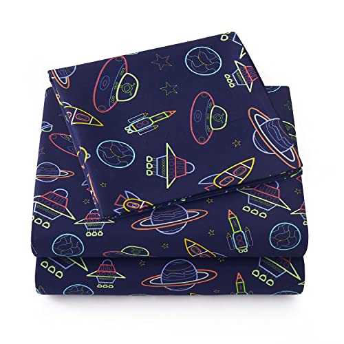 1500 Supreme Kids Bed Sheet Collection - Fun Colorful and Comfortable Boys and Girls Toddler Sheet Sets - Deep Pocket Wrinkle Free Soft and Cozy Bedding - Twin XL, Neon Spaceships Sweet Home Collection