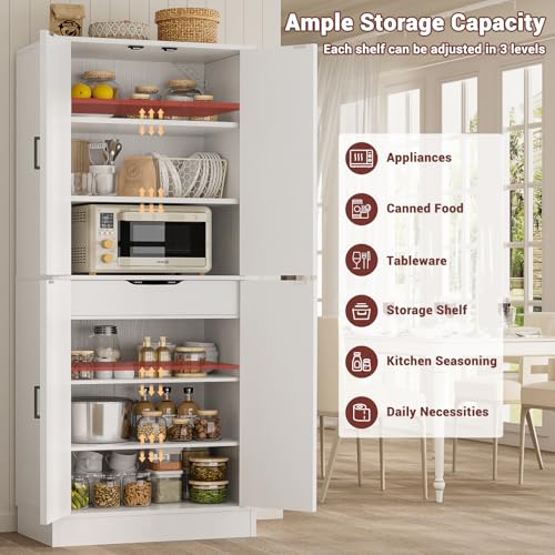 Unikito 71" Tall Kitchen Pantry Storage Cabinet with Farmhouse Barn Doors and Storage Drawer, 4 Adjustable Shelves, Freestanding Cupboard for Dining Room, Living Room, Utility Room, White Unikito