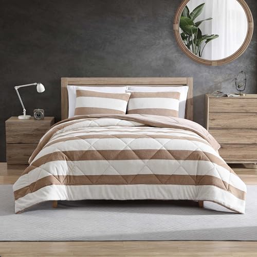 Nautica - Full/Queen Comforter Set, Soft Twill Plush Bedding with Matching Shams, Reverse to Micromink, Medium-Weight, Oeko-Tex Certified (Lawndale Brown)