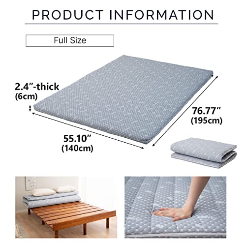 EMOOR Foldable Hybrid Futon Mattress, High-Resilience Urethane Foam 150N with Washable Padded Cover, Japanese Full (76.8x55.1x2.4in), Tatami Floor Sleeping Mat Pad Topper, Gray EMOOR