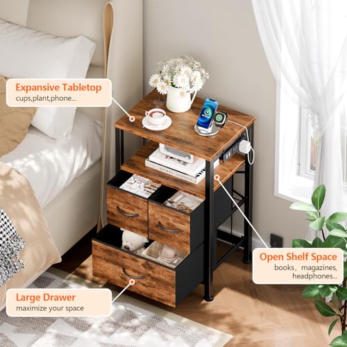 Furnulem Led Nightstand with Charging Station, Bedside Table with 3 Fabric Drawers and Storage Shelf, End Table with USB Ports and Outlets, Small Night Stand for Bedroom, Rustic Brown Furnulem