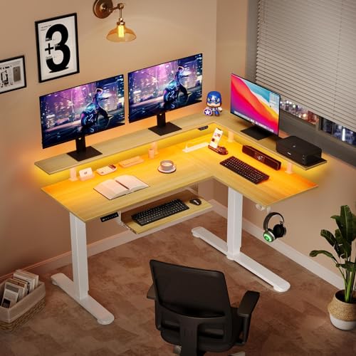 Rolanstar L Shaped Standing Desk with Keyboard Tray, Height Adjustable Corner Desk with LED Light & Power Outlet, Electric Sit Stand Computer Desk with Monitor Stand, Beige Rolanstar