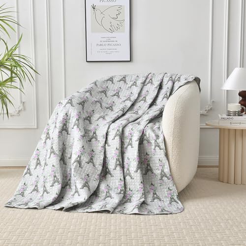 HollyHOME Eiffel Tower 2 Pieces Twin Size Quilt Sets with Pink Floral on Gray Design Bedspread Bed Cover, Includes 1 Quilt, 1 Pillow Sham (Twin, 68"x88") HollyHOME