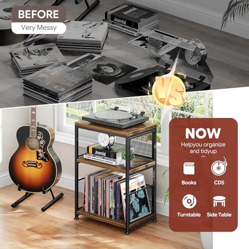 Simple Trending Record Player Stand, Turntable Stand with Vinyl Record Storage, 3 Tiers Side Table Hold Up to 100 Albums, Rustic Brown Simple Trending